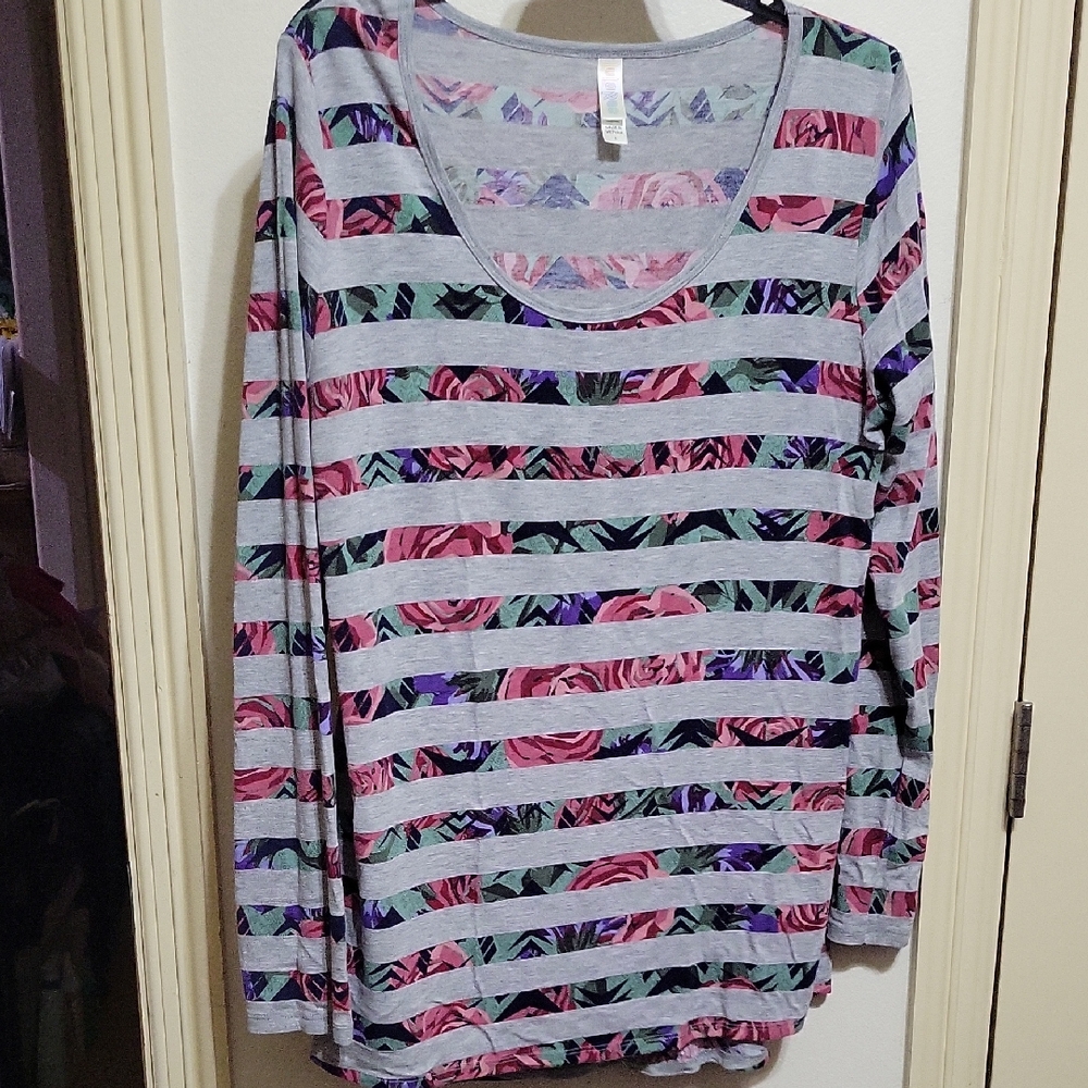LuLaRoe Gray and Pink Floral Stripe Long Sleeve Top